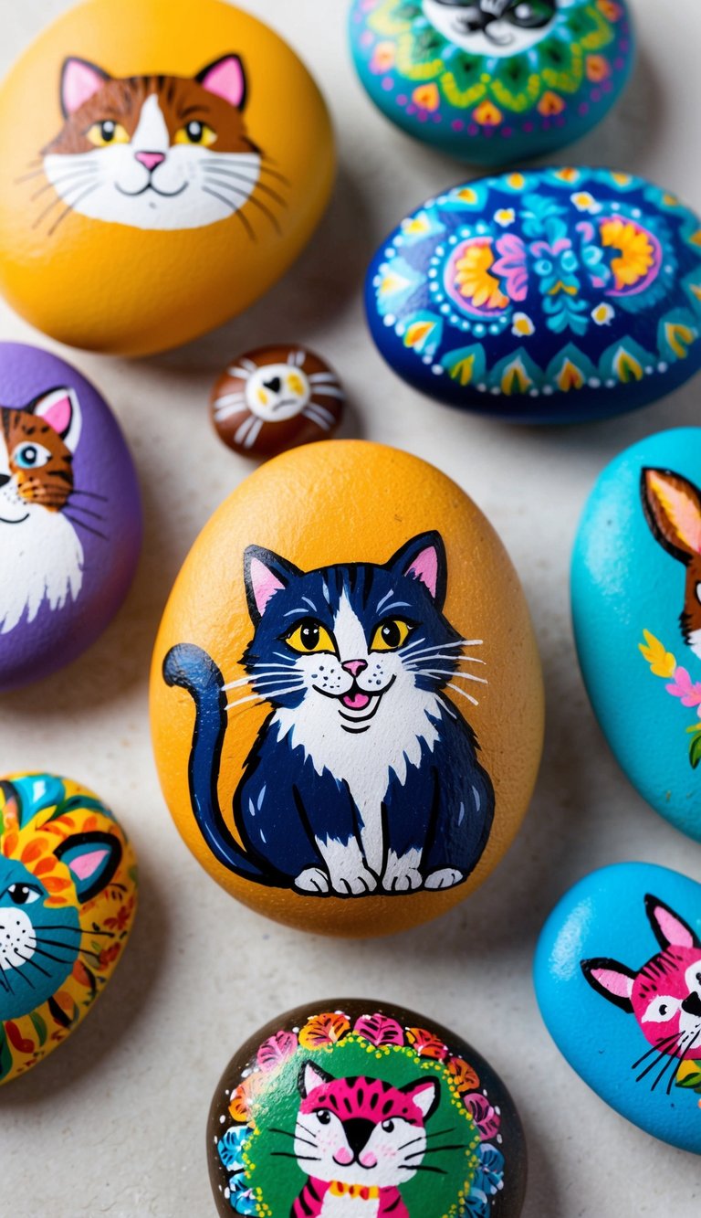 A playful cat rock sits among a collection of animal painted rocks, surrounded by vibrant colors and intricate designs