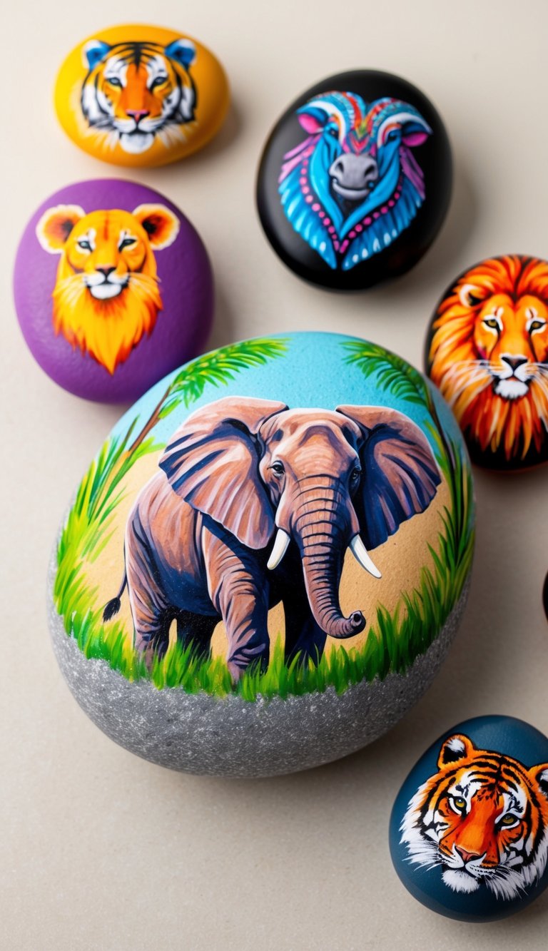 A majestic elephant stone surrounded by vibrant animal painted rocks, depicting a lively wildlife scene