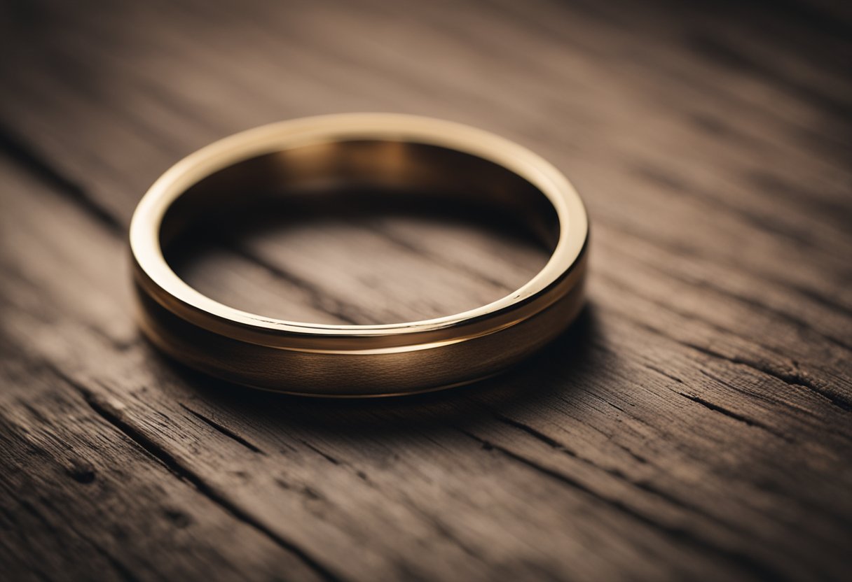 A small ring sits on a weathered wooden table in a dimly lit room