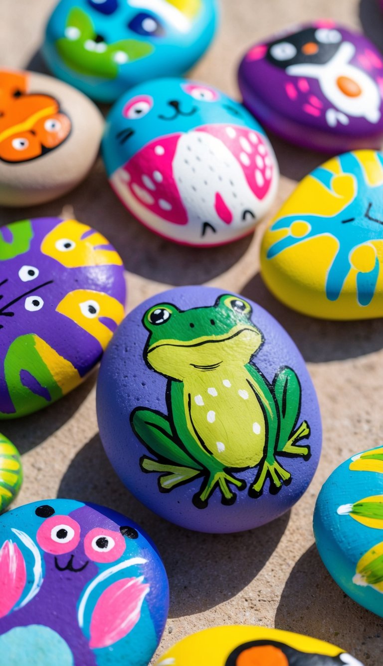 A colorful frog-shaped stone surrounded by vibrant animal painted rocks in a lively outdoor setting