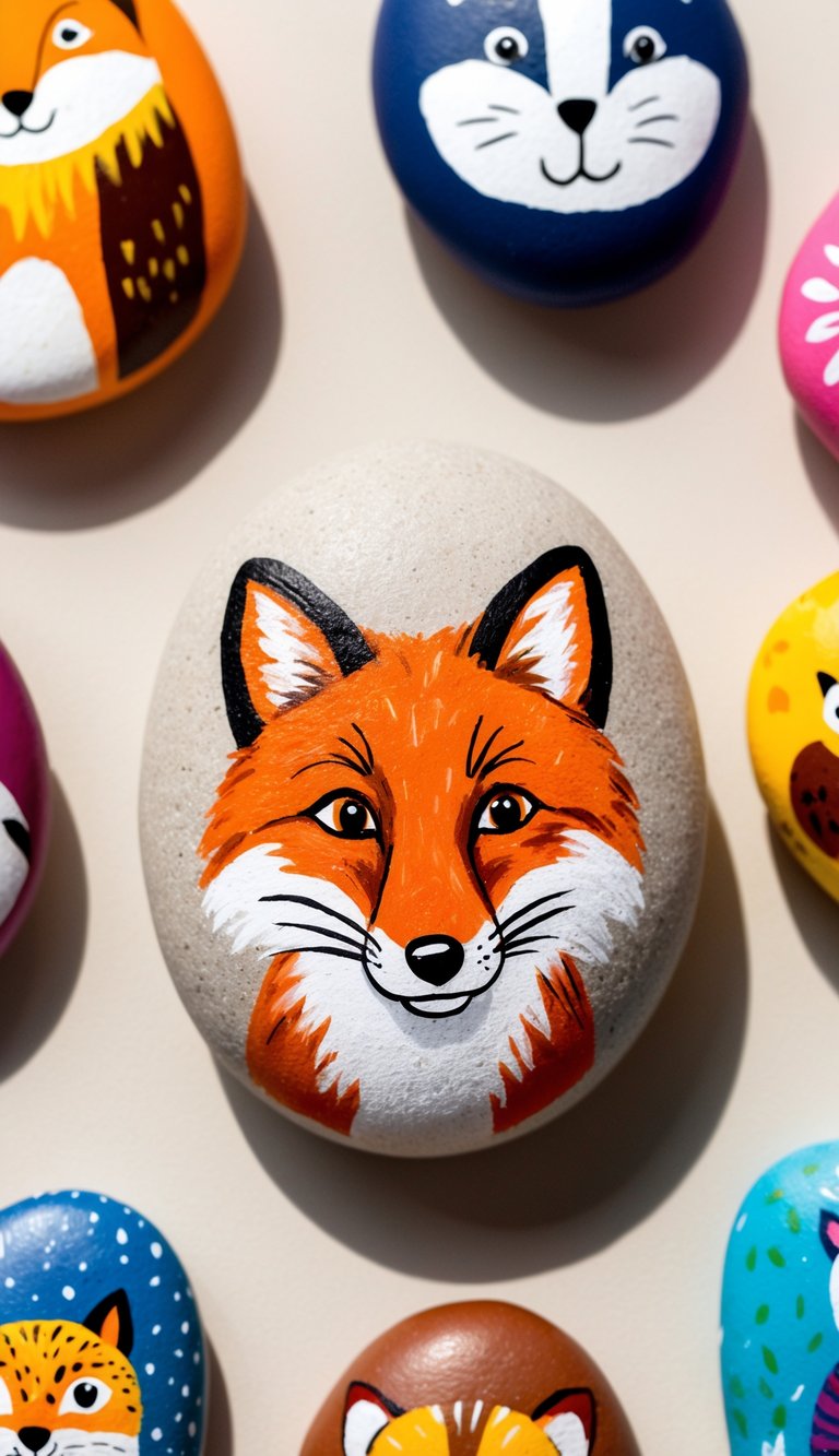 A charming fox painted on a pebble, surrounded by other animal-themed painted rocks