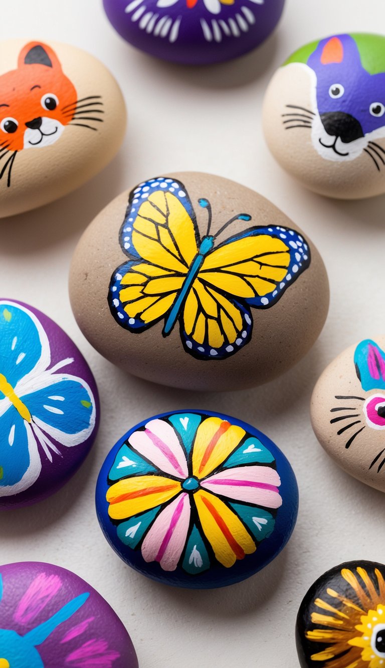 A colorful butterfly rock surrounded by other animal painted rocks in a vibrant outdoor setting