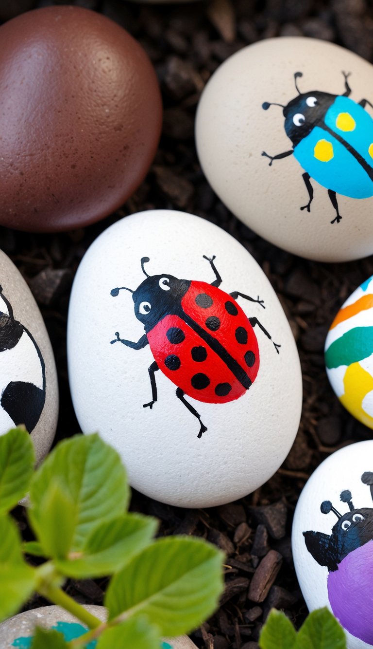 A ladybug painted rock nestled among other animal-themed painted rocks in a garden setting