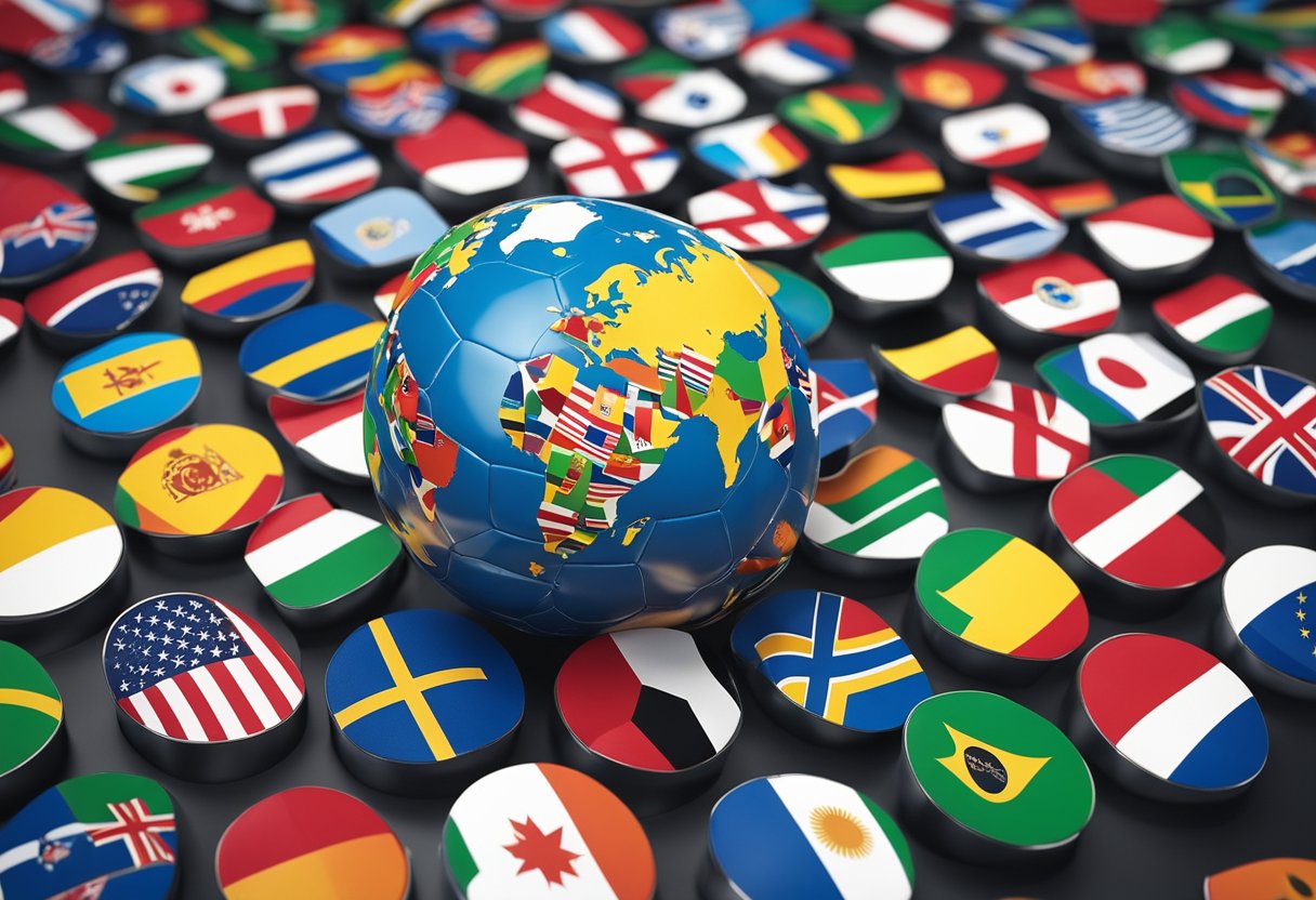 A globe surrounded by flags, with a soccer ball and the FIFA logo prominent