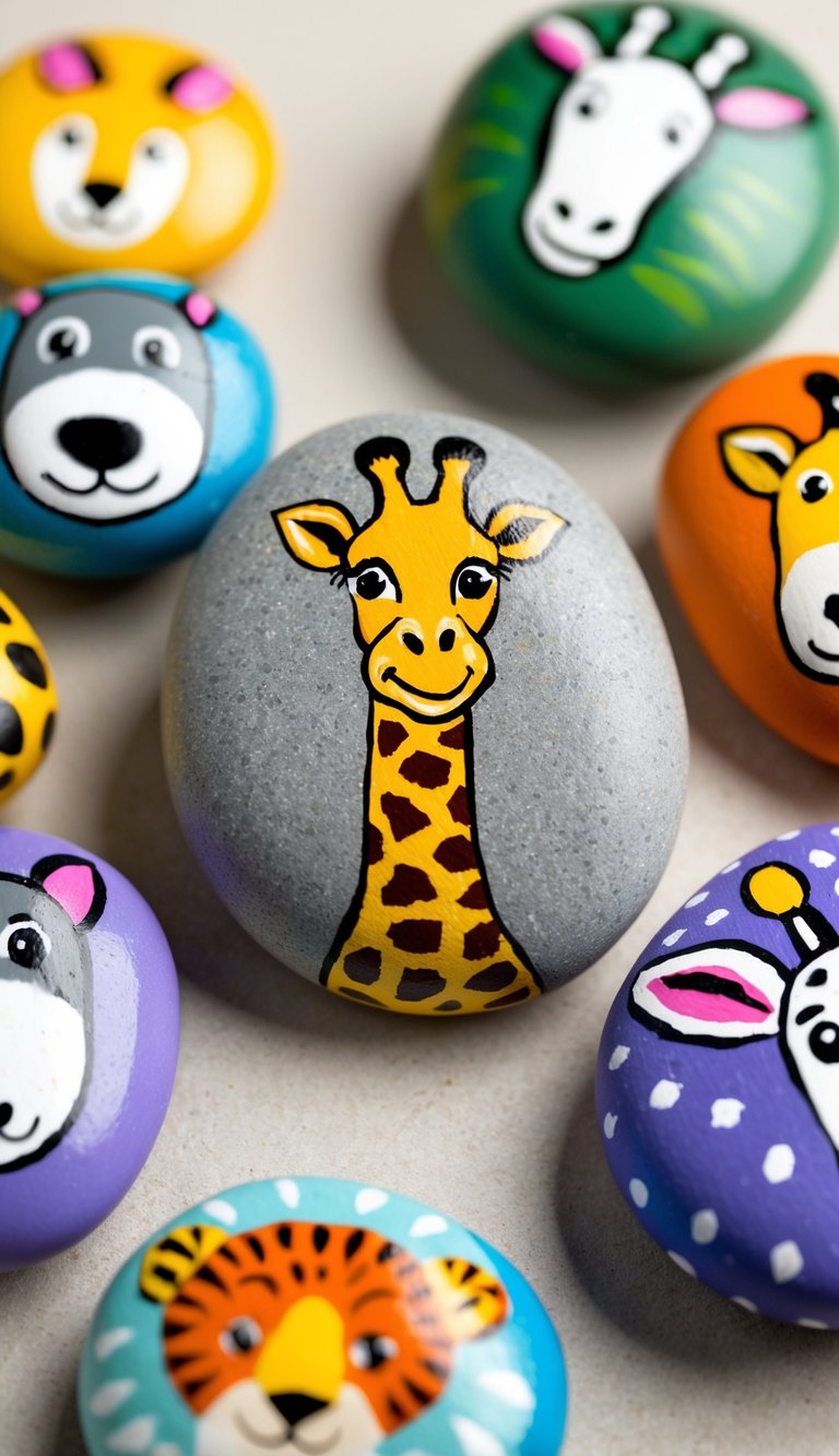A giraffe-shaped pebble surrounded by painted animal rocks in a natural setting