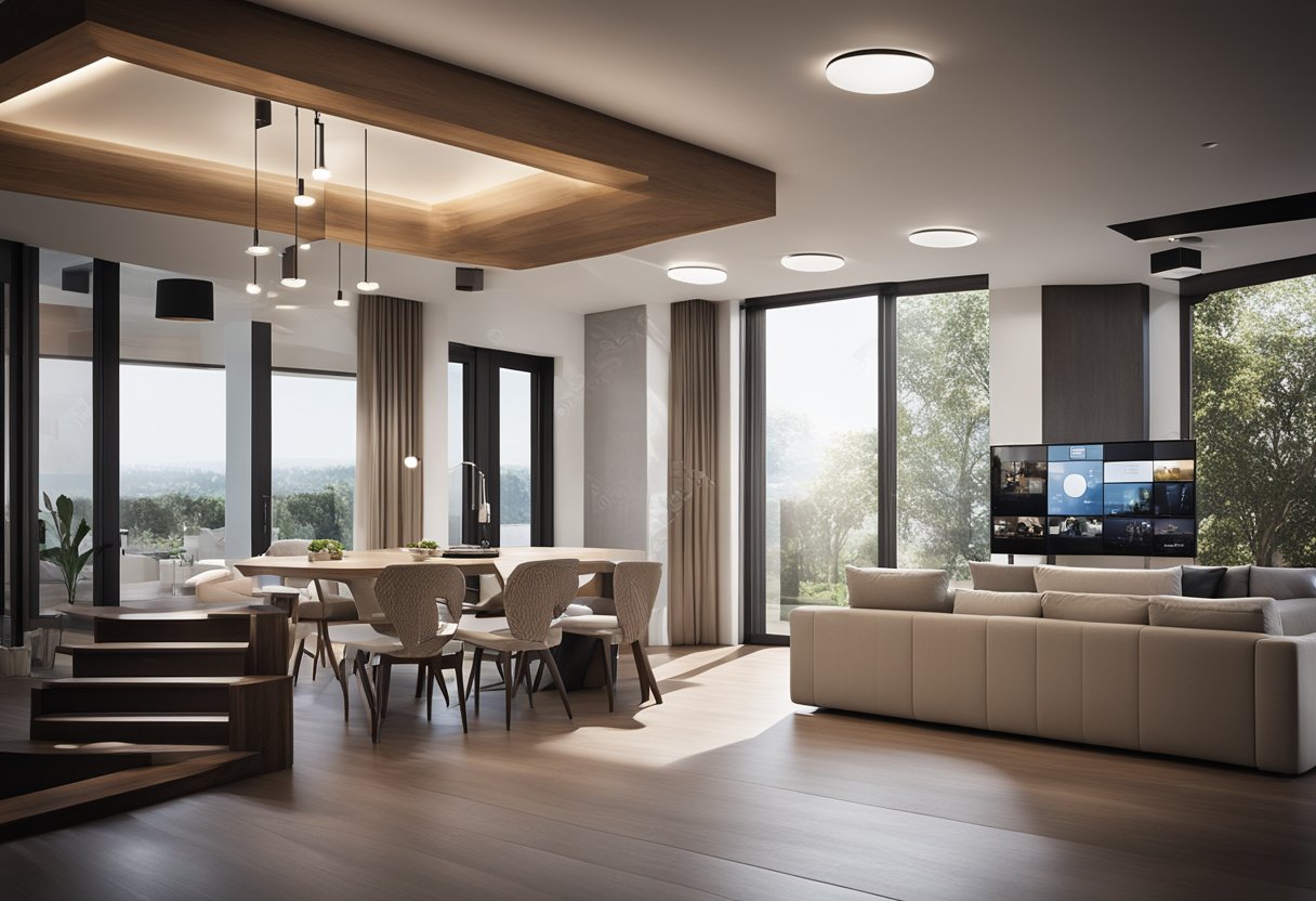 A modern home with Ring security cameras, doorbells, and smart lighting connected to a central control hub