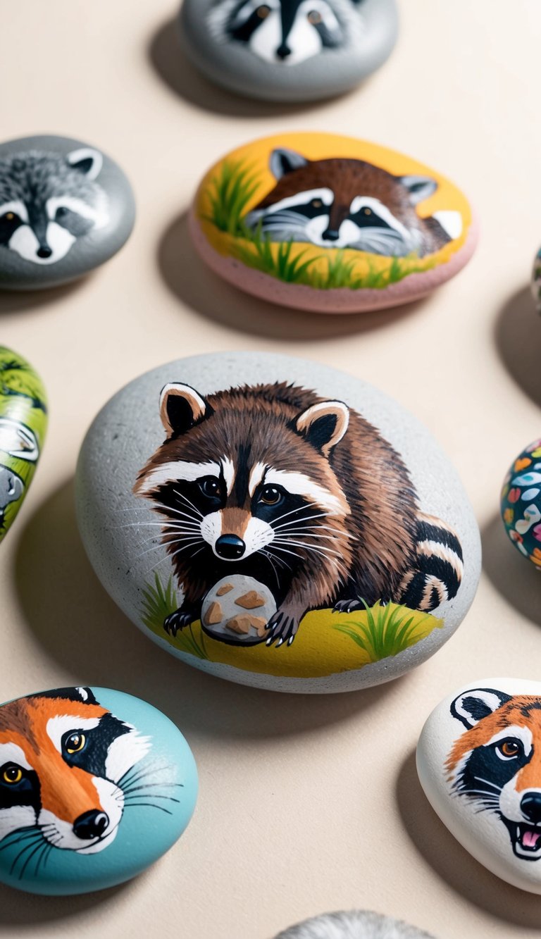 A curious raccoon examines a pebble painted with wildlife, surrounded by other animal-themed rocks