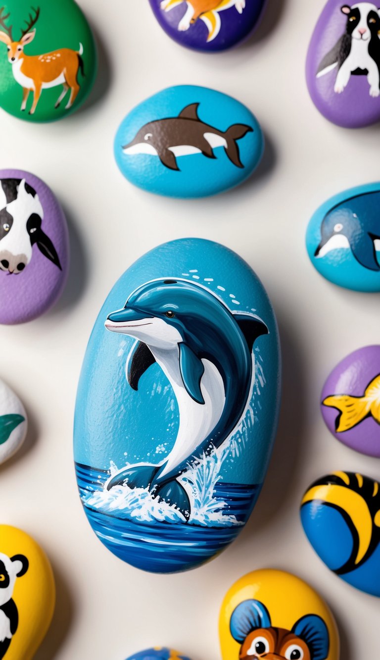 A playful dolphin leaps out of the water, surrounded by colorful animal painted rocks