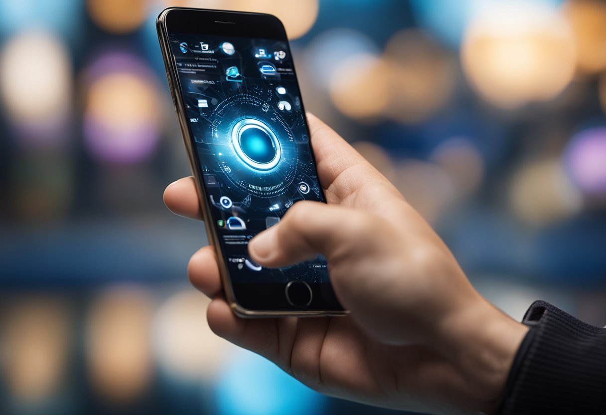 A hand holding a smartphone with a ring icon on the screen, surrounded by various technology and service logos