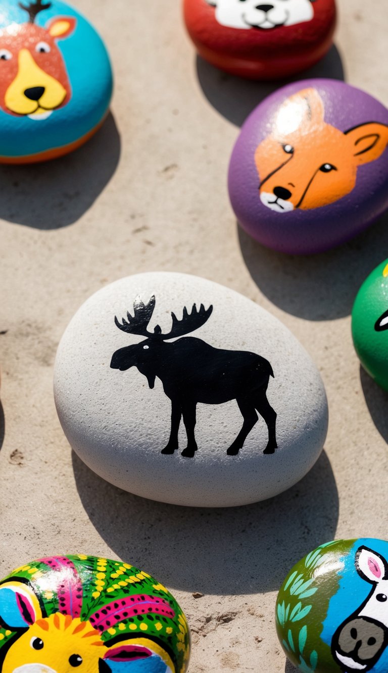 A moose-shaped stone surrounded by painted rocks of various animals in a rustic outdoor setting
