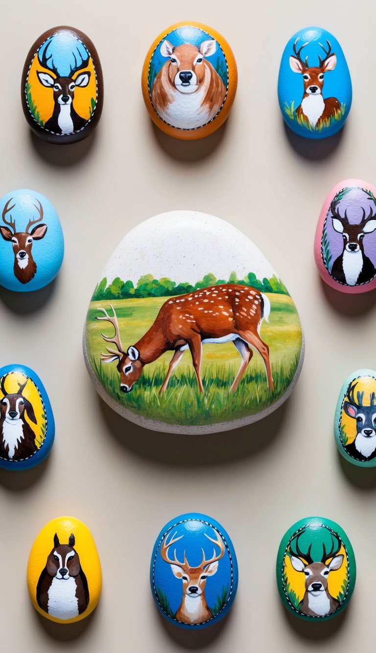 A serene deer grazing in a meadow, surrounded by colorful painted rocks depicting various animals
