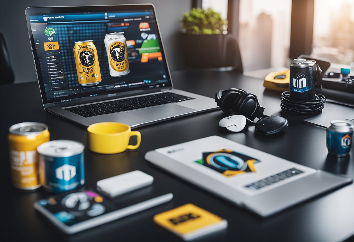 A sleek, modern office desk adorned with the Gamersupps logo and surrounded by gaming equipment and energy drink cans