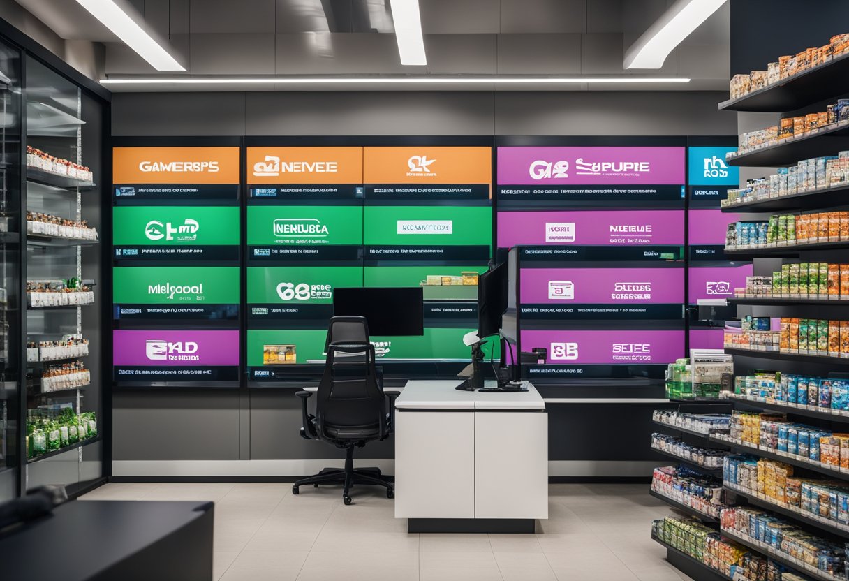 A modern office with branded merchandise and a timeline of the company's milestones on the wall. Shelves display various flavors of GamerSupps products