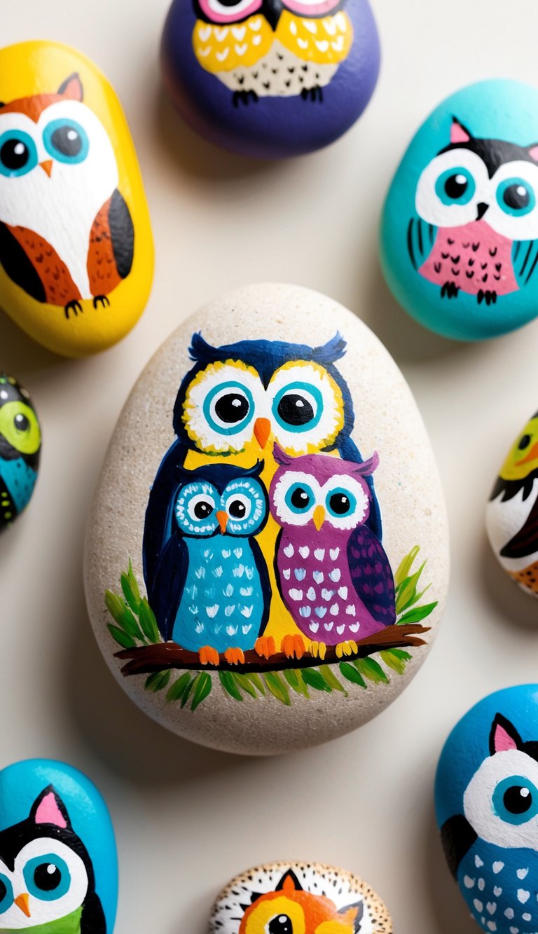 A whimsical owl family perched on a rock, surrounded by other animal painted rocks
