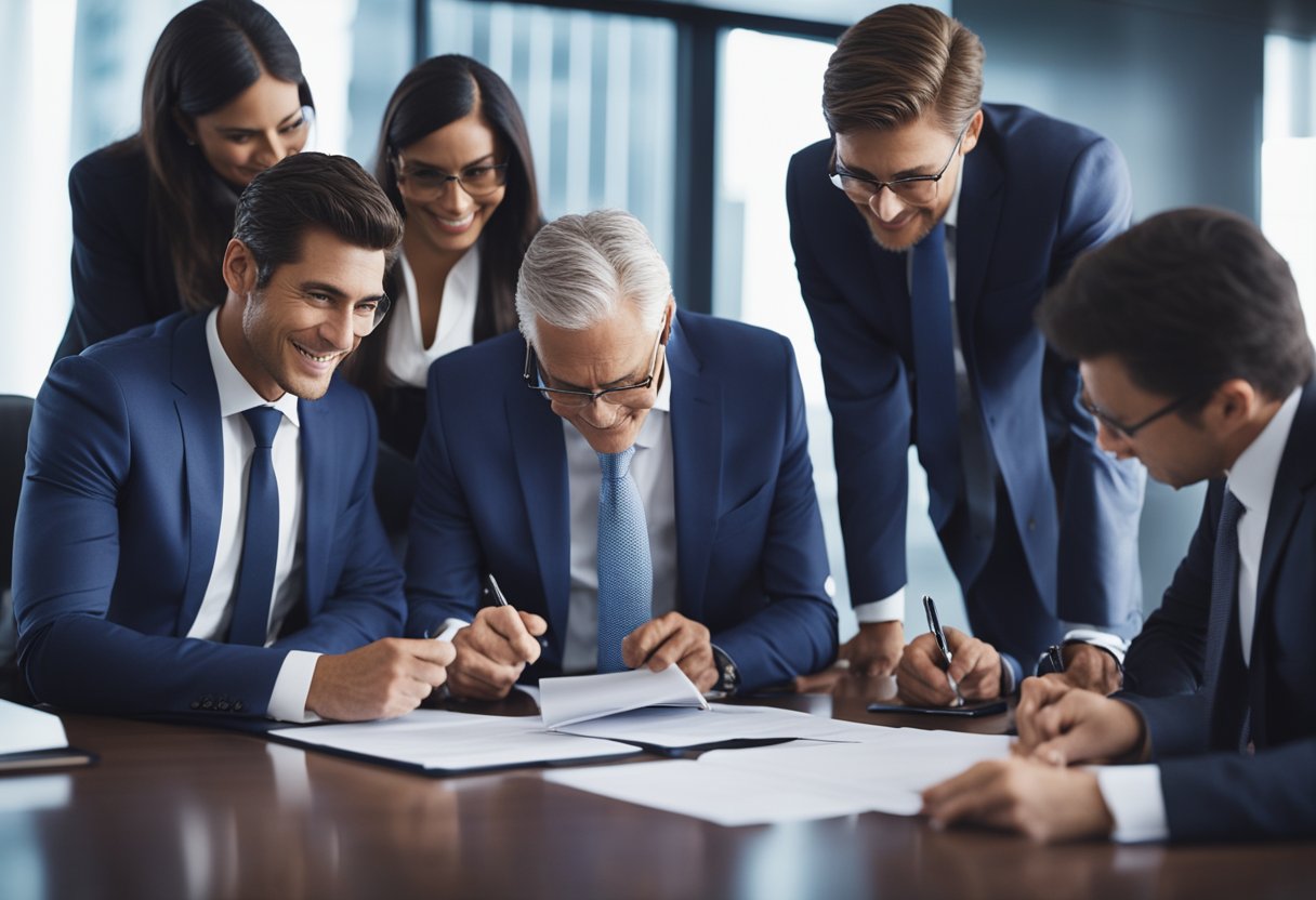 A group of executives signing legal documents in a boardroom, with charts and graphs displayed on a large screen in the background
