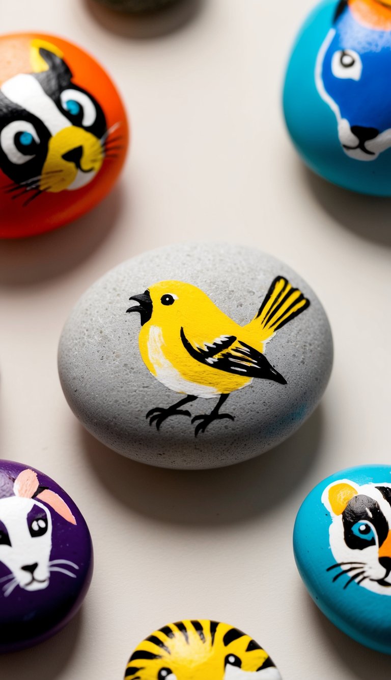 A singing canary stone surrounded by animal painted rocks in a natural setting