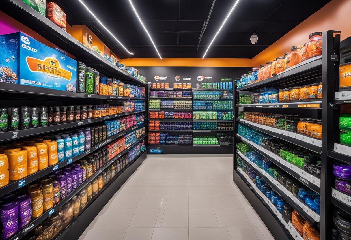 A vibrant display of gamersupps products lined up on sleek shelves, branded with bold logos and eye-catching colors