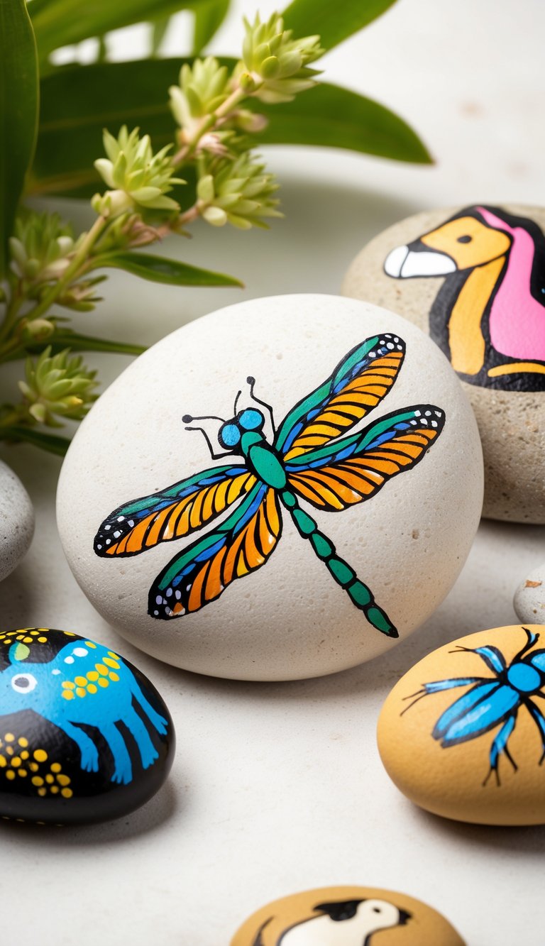 A colorful dragonfly painted on a smooth stone, surrounded by other animal-themed rocks. The scene is set in a natural outdoor environment, with lush greenery and a peaceful atmosphere