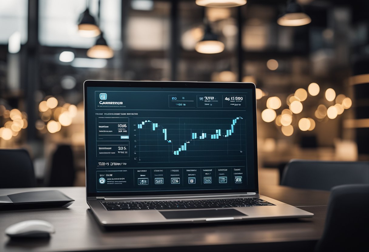 A laptop displaying the Gamersupps website with social media icons and marketing analytics charts on the screen