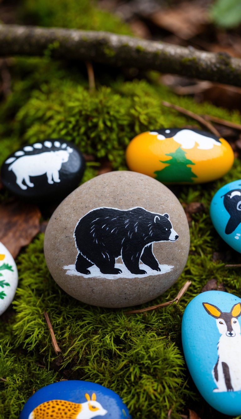 A bear-shaped pebble rests on a mossy forest floor, surrounded by painted rocks depicting various animals