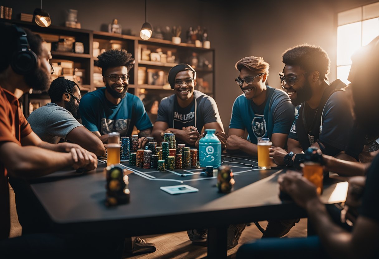A diverse group of gamers gather around a table, each holding a can of Gamersupps. The room is decorated with gaming memorabilia, and the atmosphere is lively and communal