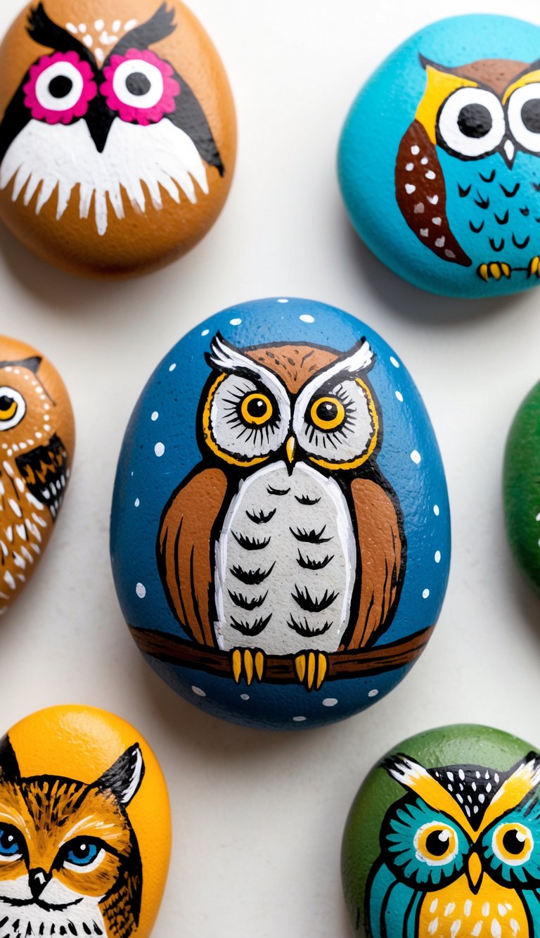 A wise old owl stone sits among a collection of animal painted rocks, bringing wildlife to life