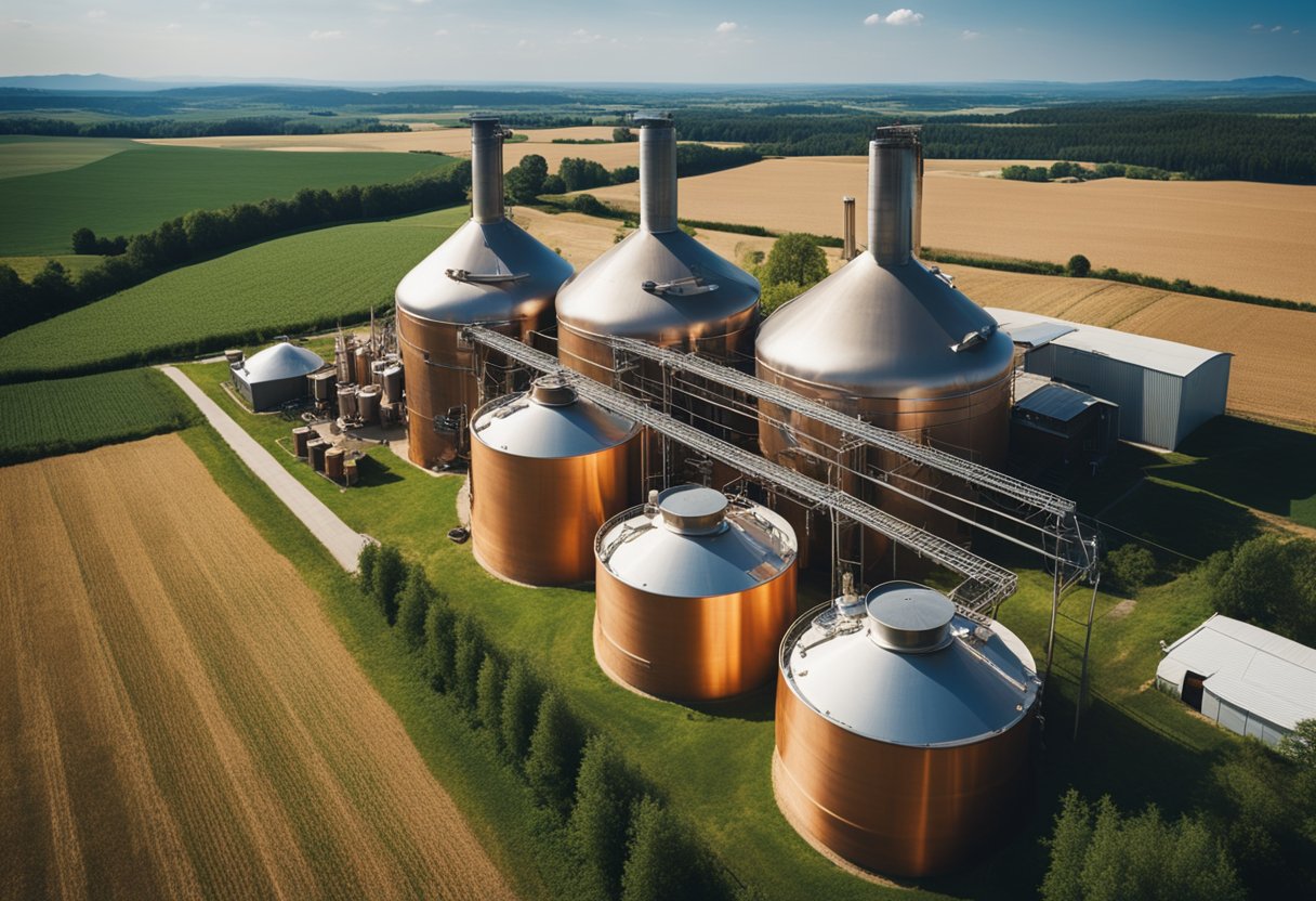 A vintage brewery with copper kettles and brewing equipment, surrounded by fields of barley and hops under a blue ribbon sky
