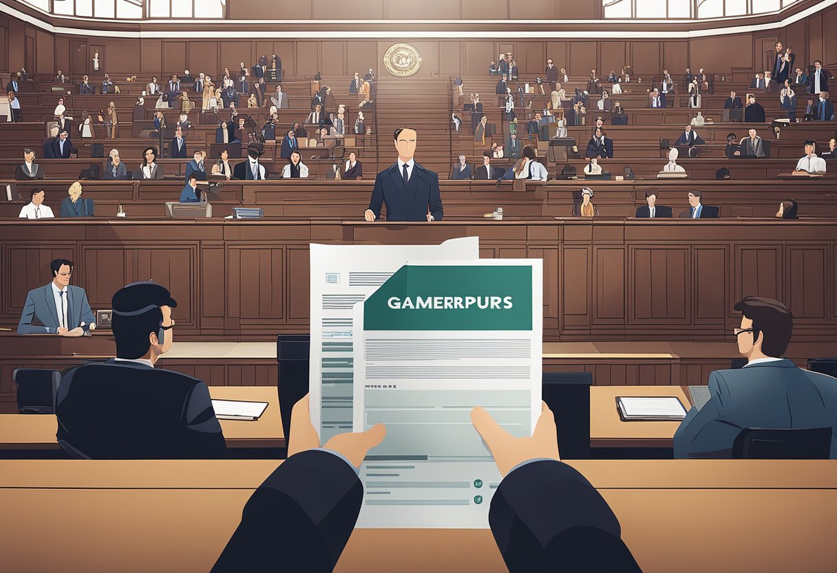 A lawyer holding a contract with the Gamersupps logo, while a group of people stand in a courtroom
