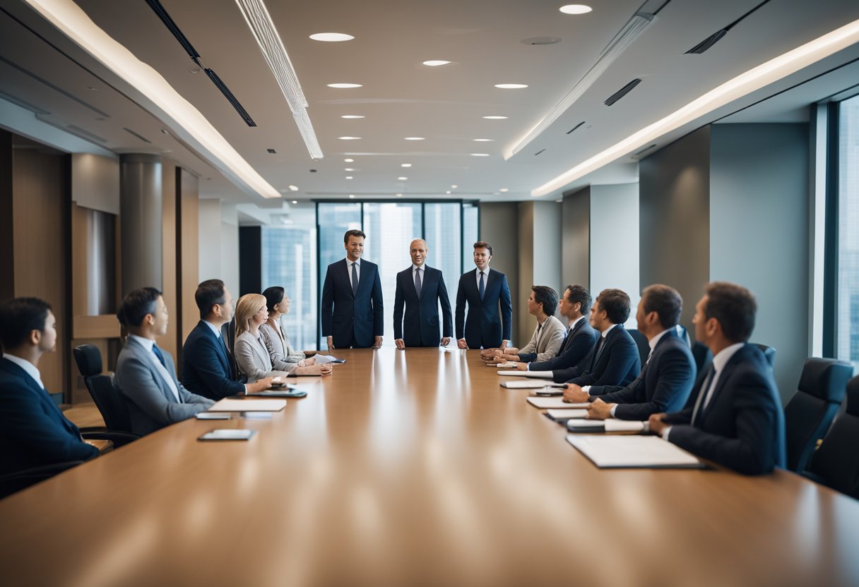 A towering figure looms over a conference table, surrounded by attentive executives. The figure's presence commands authority and respect
