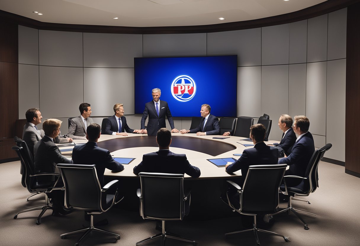 A group of business executives shaking hands in a boardroom, with a large Pabst Blue Ribbon logo displayed on a presentation screen