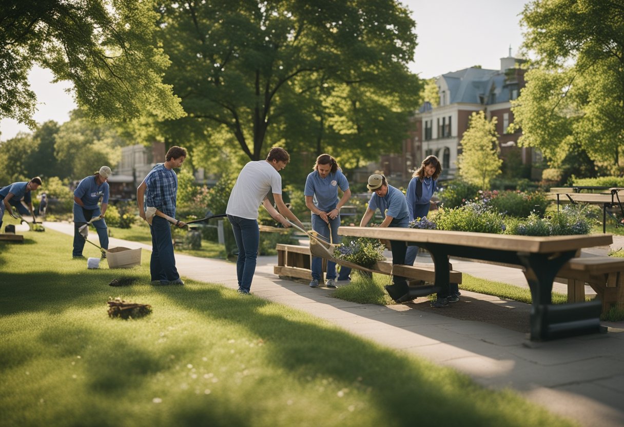 A group of people from Pabst Brewing Company are working together to clean up a local park, planting flowers and painting benches