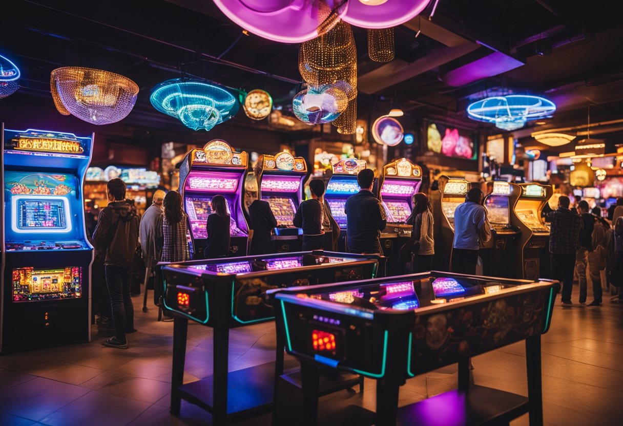 A bustling arcade with neon lights and a variety of games, surrounded by families and groups of friends enjoying the lively atmosphere