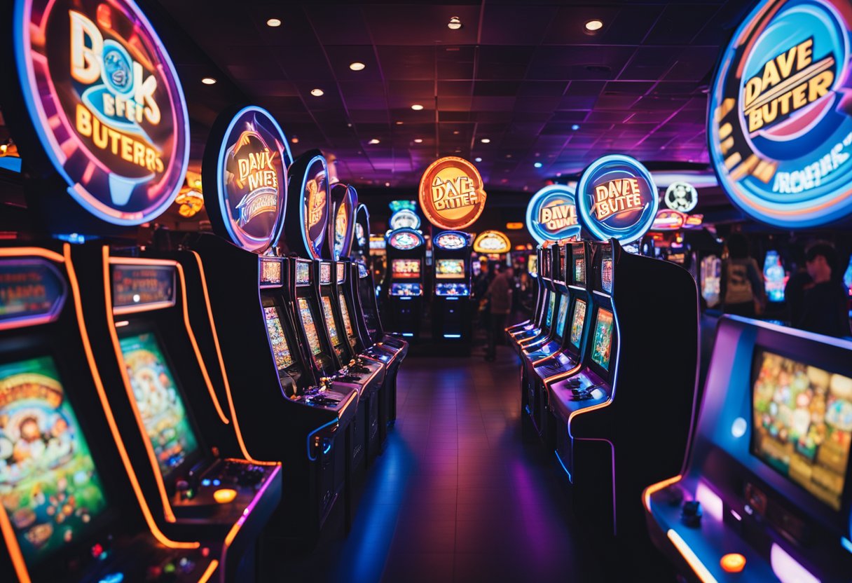 A bustling Dave & Buster's location with arcade games, colorful lights, and a lively atmosphere