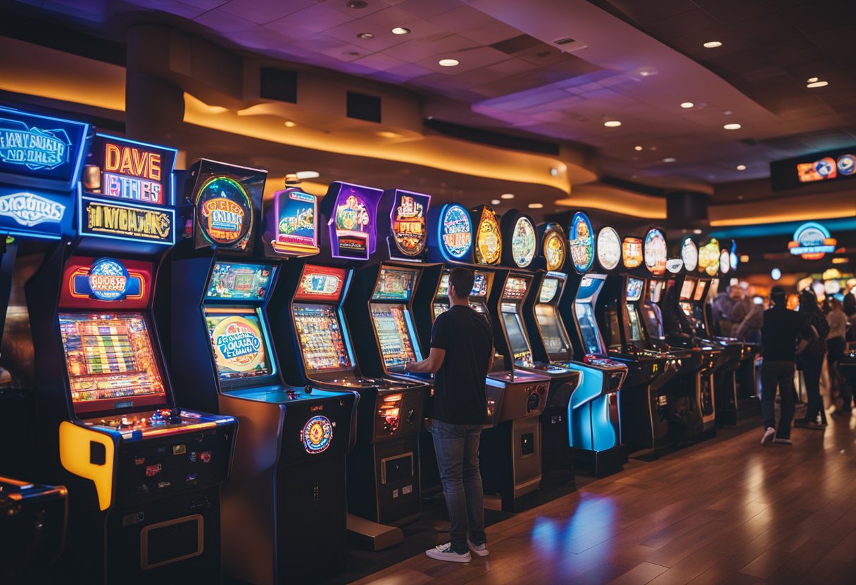 A bustling Dave and Buster's arcade filled with diverse customers enjoying games and entertainment, showcasing the cultural impact and references of the popular entertainment venue
