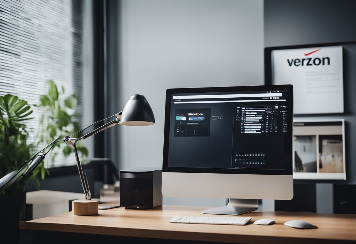 A modern office desk with a Verizon logo on a computer screen