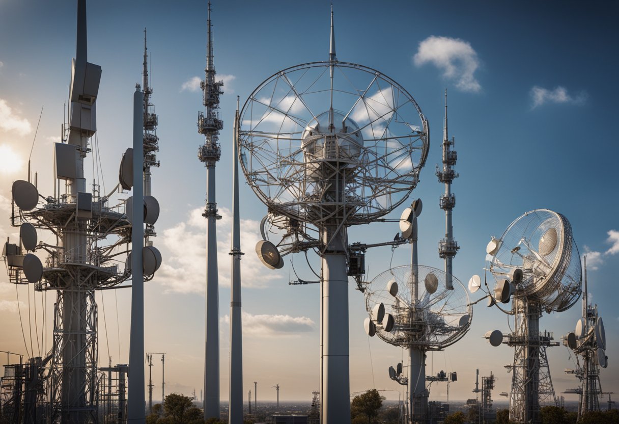 A network of communication towers and satellite dishes, with fiber optic cables running underground, all bearing the Verizon logo