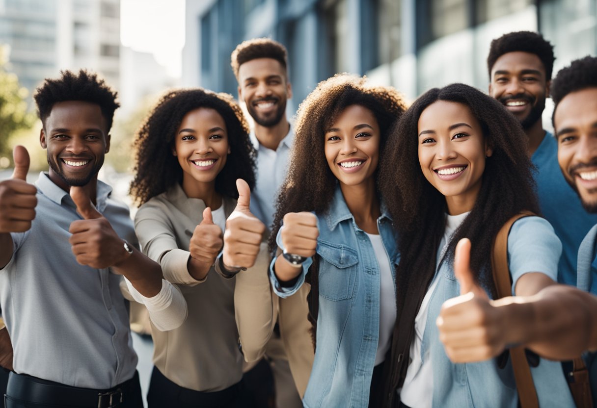 A group of diverse people leaving positive reviews and feedback about Prime Hydration products, with smiling faces and thumbs up gestures