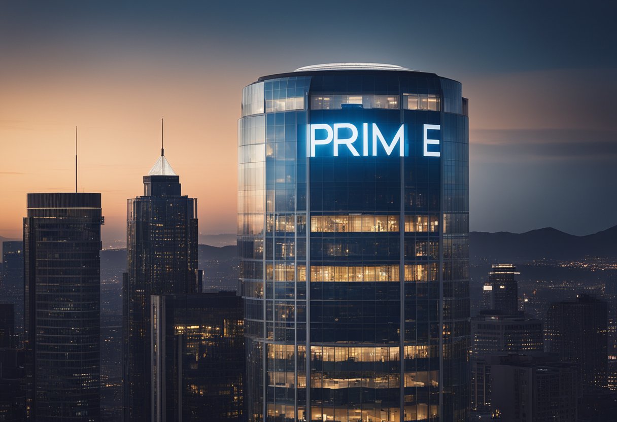 A sleek, modern building stands tall against a backdrop of city lights, with the Prime Hydration logo prominently displayed on the exterior