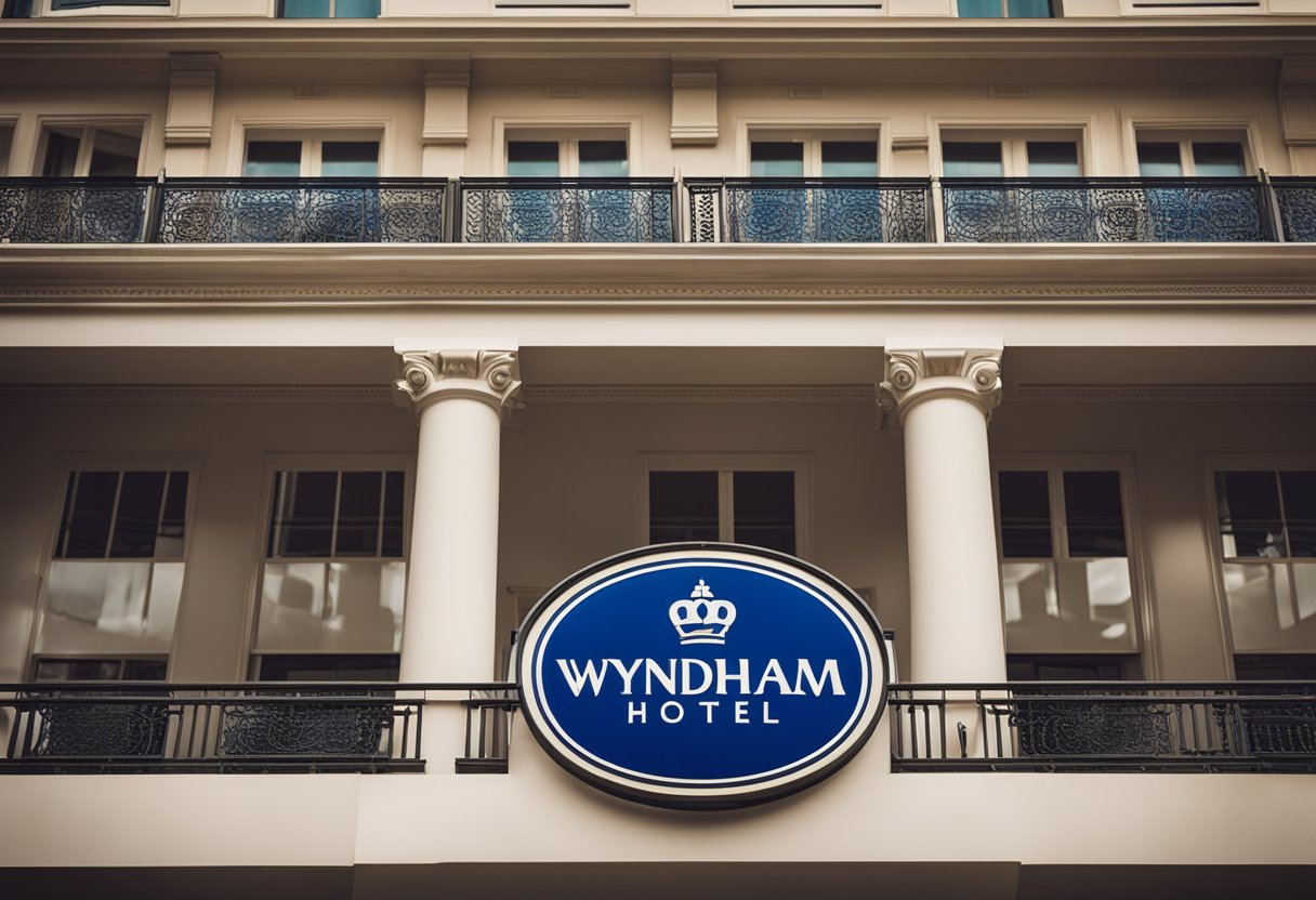 A grand hotel building with the Wyndham Hotels logo prominently displayed on the exterior facade