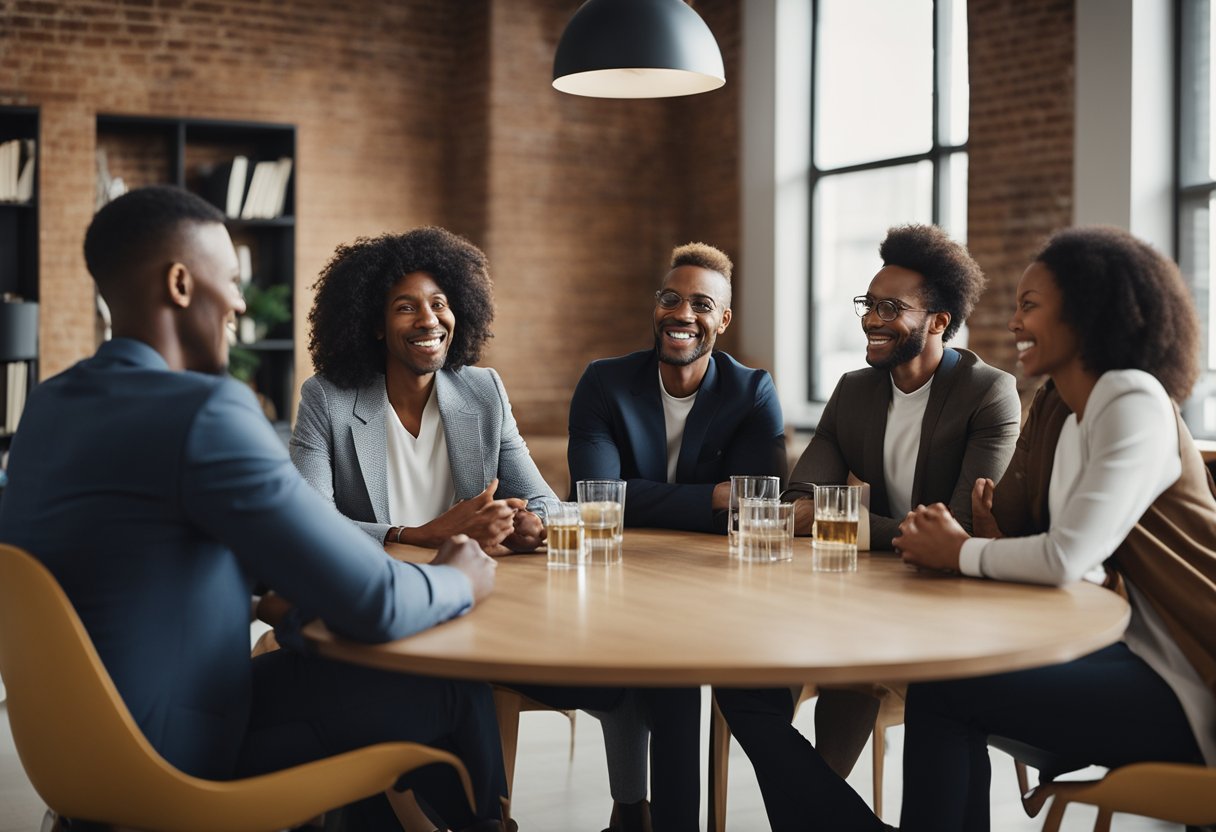 A group of diverse individuals gather around a table, engaging in lively discussion and sharing ideas. The focus is on collaboration and teamwork
