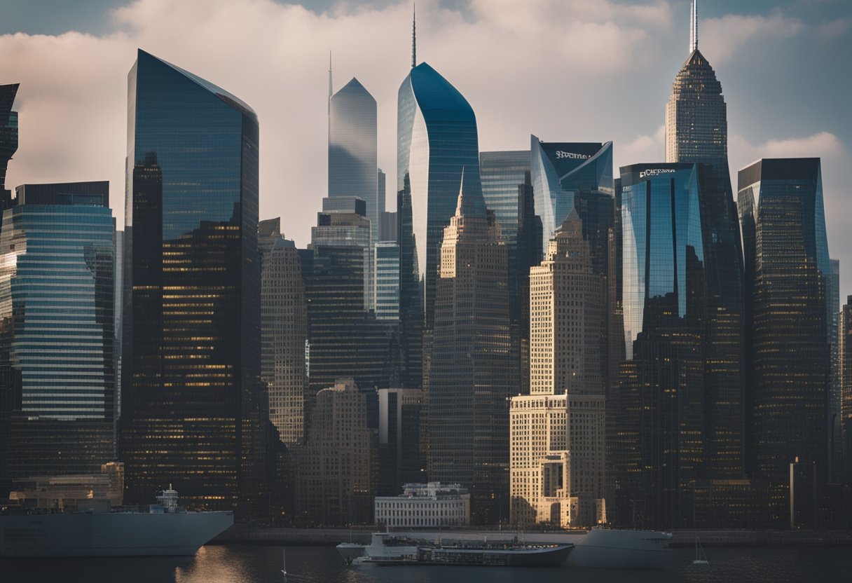 A bustling financial district with skyscrapers and a prominent Vanguard Group headquarters towering over the cityscape