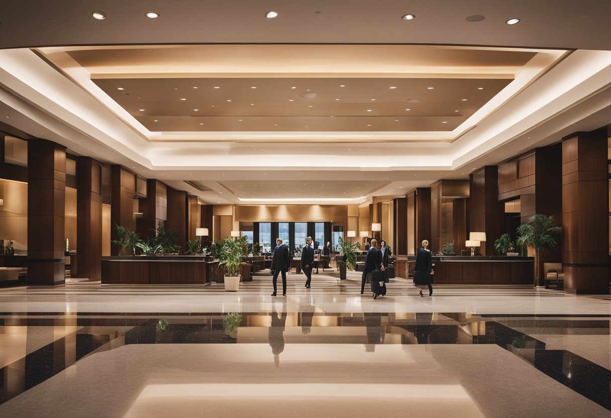 A bustling hotel lobby with staff assisting guests, while a sleek, modern building stands tall in the background