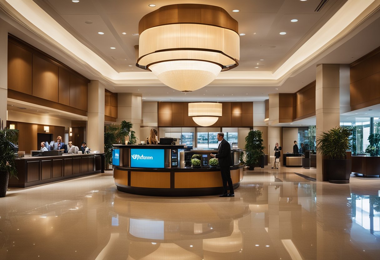The bustling lobby of a Wyndham hotel, with guests checking in, staff assisting, and a modern decor reflecting the industry's trends and economic impact