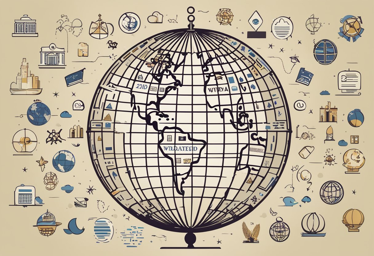 A globe with Wikipedia logo on top, surrounded by diverse symbols and icons representing different cultures, languages, and knowledge domains