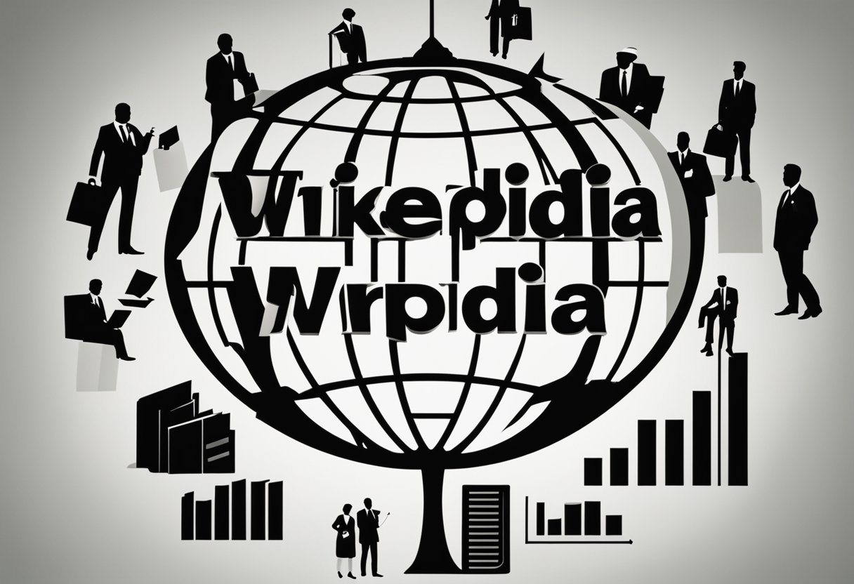 A group of investors and financial documents surrounding the Wikipedia logo