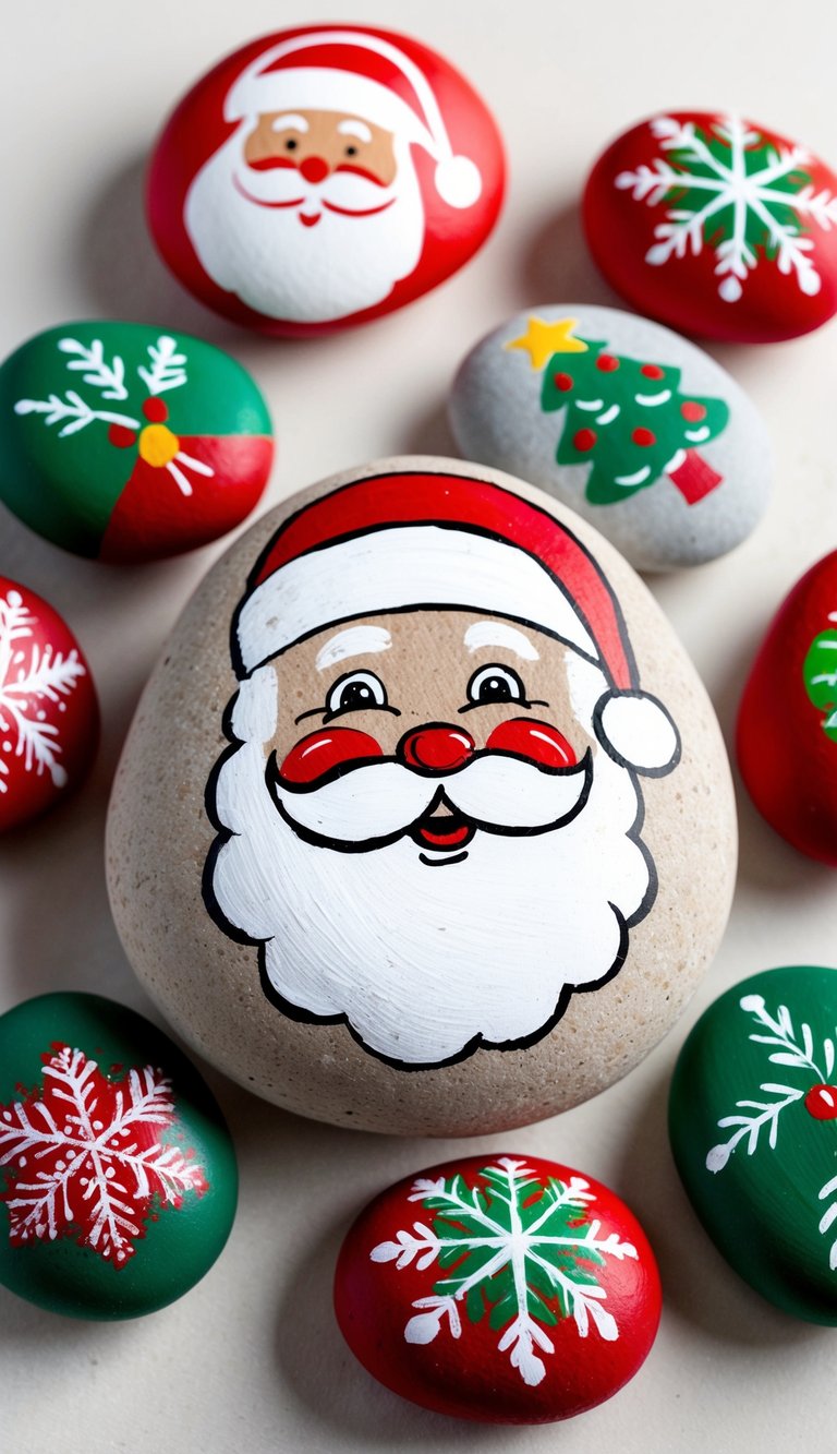 Santa Claus face on pebbles surrounded by festive Christmas-themed painted rocks