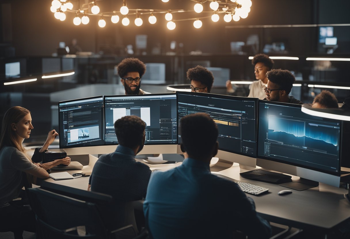 A group of people gathered around a computer, discussing and editing articles on a collaborative online platform