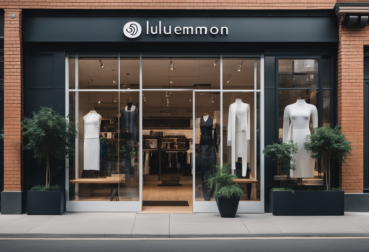 A sleek, modern storefront with the iconic Lululemon logo displayed prominently. Outdoor yoga mats and athletic wear on display in the window