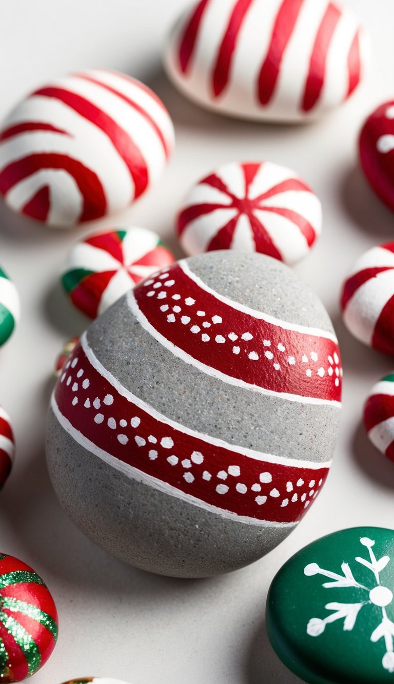 A pile of candy cane striped stones arranged in a festive pattern, surrounded by other Christmas-themed painted rocks