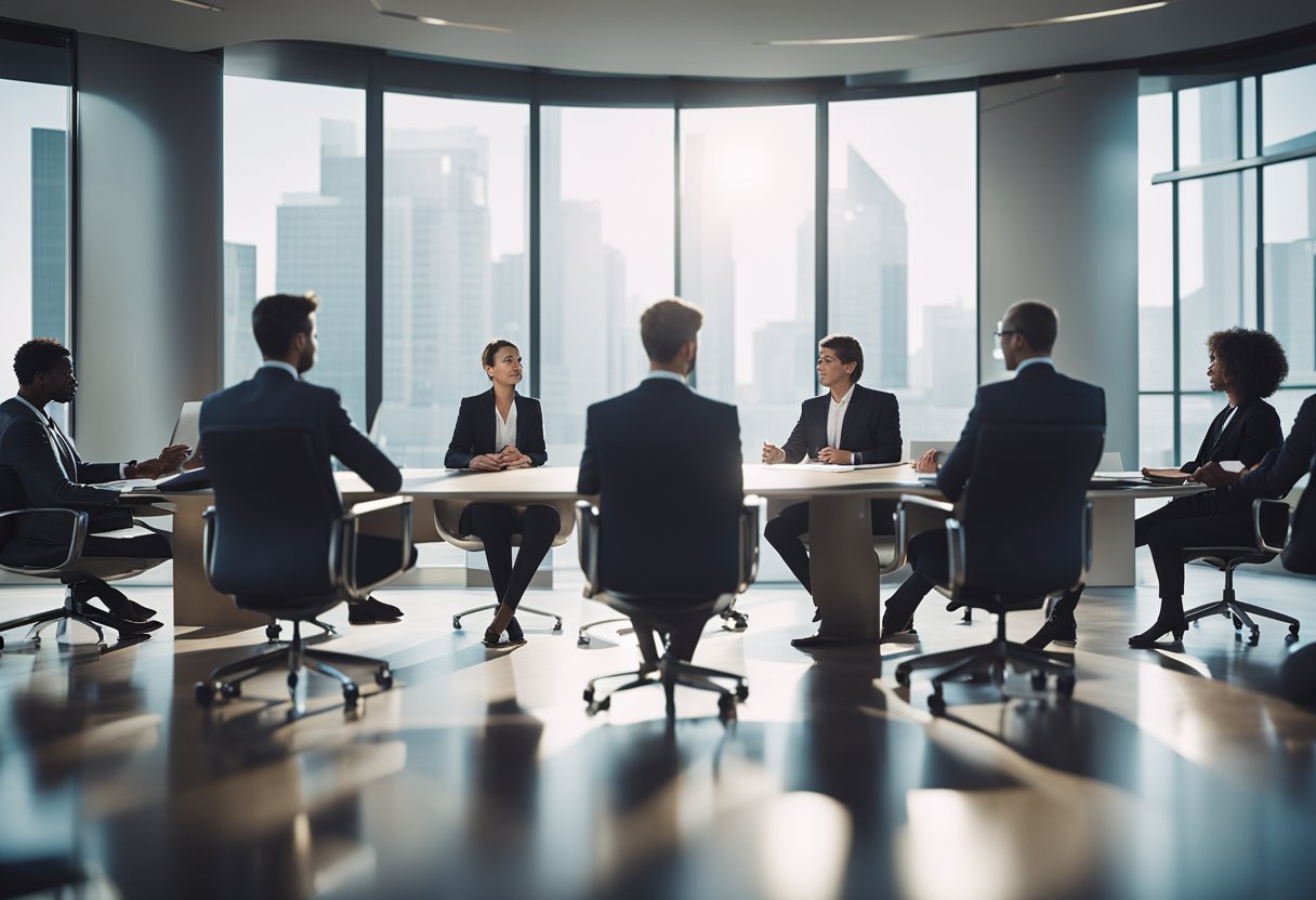 A group of people in business attire engaging in a discussion around a conference table, with legal documents and ethical guidelines displayed on a wall